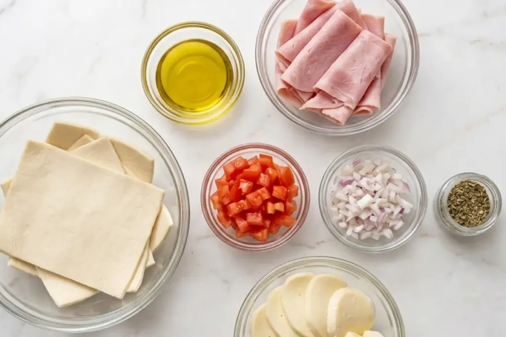 Os ingredientes do pastel assado de pizza