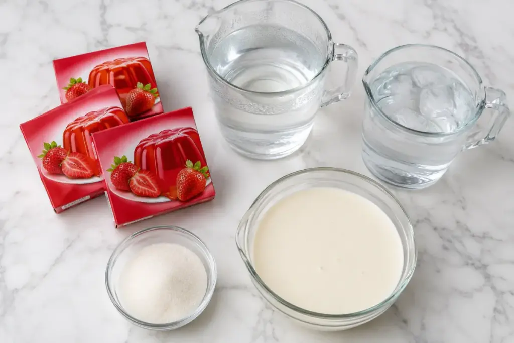 Ingredientes para a gelatina de morango com creme de leite